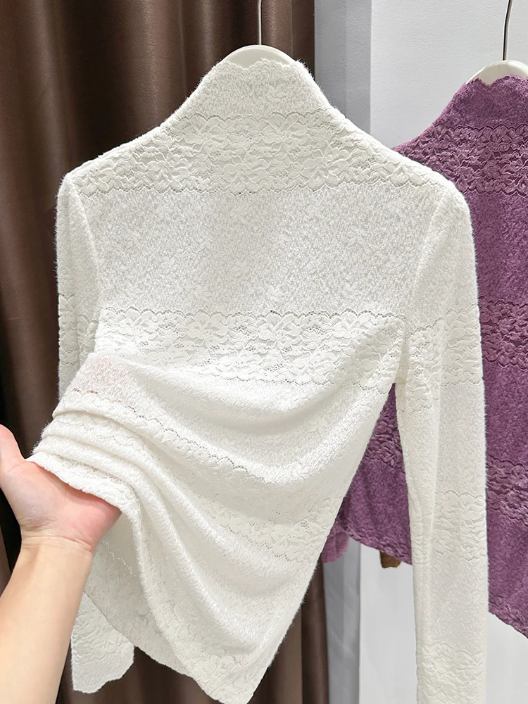 Qingdao dentelle f col haut Base irt automne hiver pull superposition intérieure creuse longue Sve haut femmes trajet Sle donc...