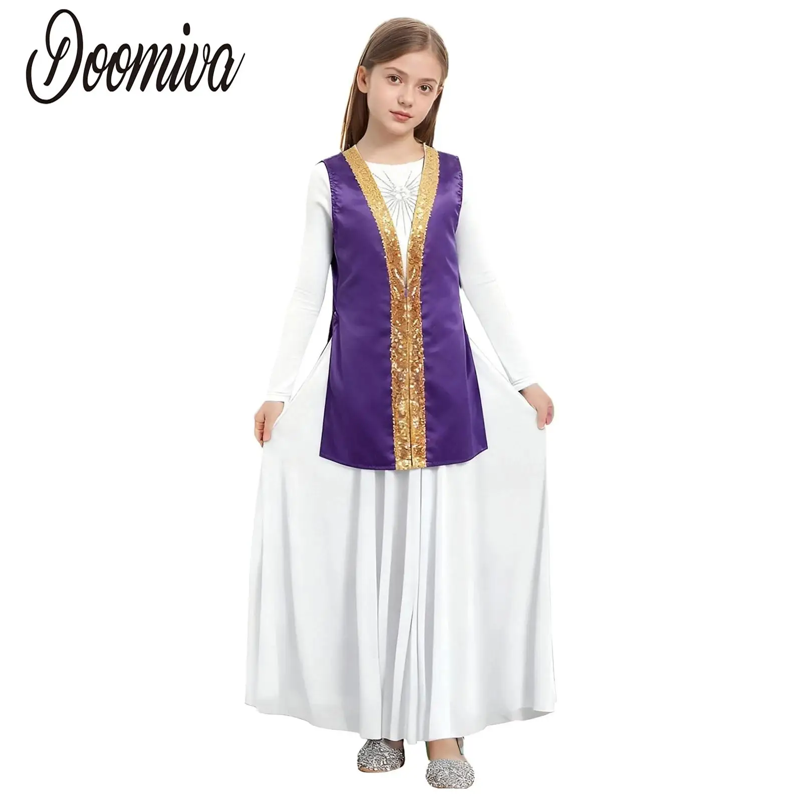 

Kids Girls Praise Dance Worship Liturgical Outfits Ballroom Dancewear Sides Split Satin Worship Robe with Long Sleeve Maxi Dress