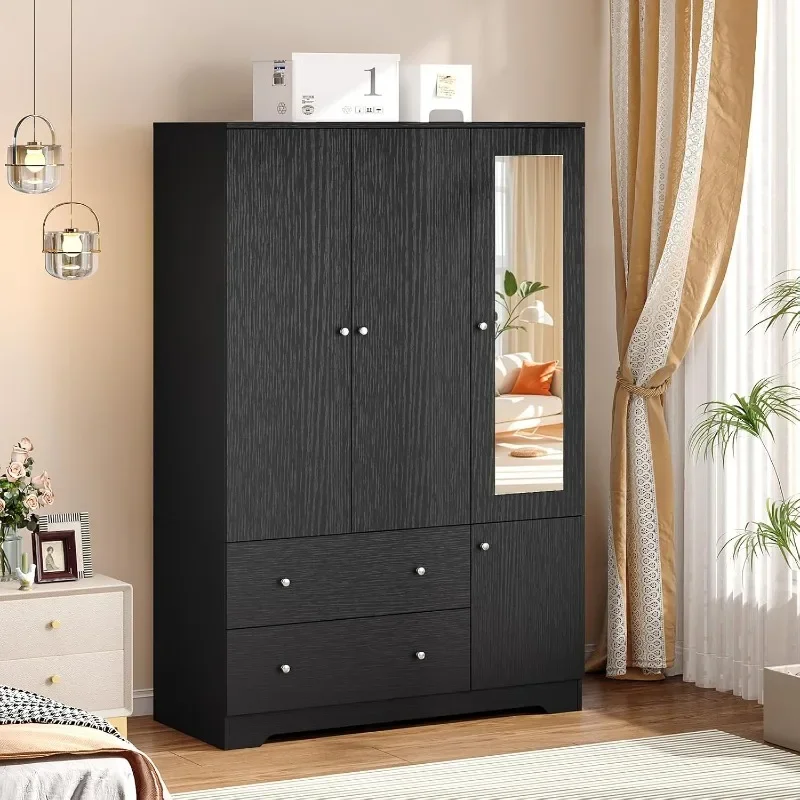 VINGLI Armoire Wardrobe Closet with Doors and Mirror Wardrobe Cabinet Wooden with Hanging Rod & Shelves Inside Bedroom Armoires