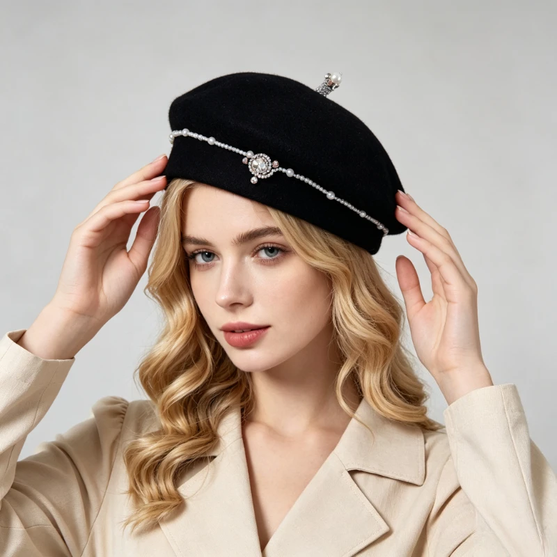 French Heavy Luxury Bead Chain Crystal 3D Woolen Beret Hats for Women Autumn and Winter Warm Wool Knitted Shining Painter Gorras