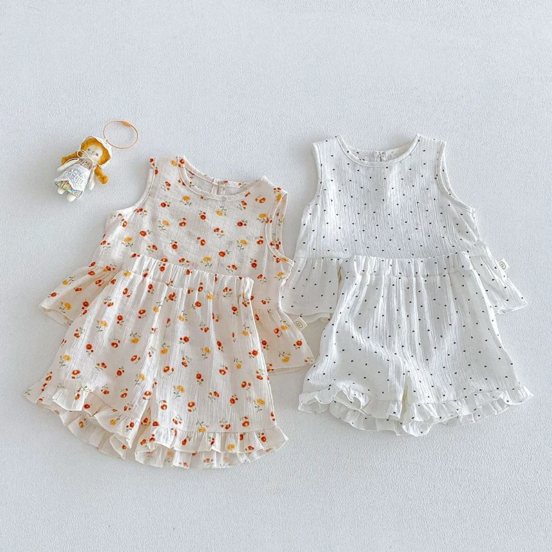 2026 New Summer Toddler Baby Girl Clothes Suit Sleeveless Cotton Printed Vest+Shorts 0-5Yrs Children Clothes Kids Clothing Set