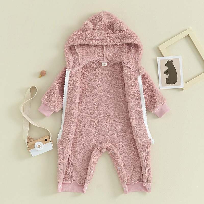 Toddler Girls Cozy Hooded Romper with Cute Animal Ears Soft Fleece Long Sleeve Zip-Up Jumpsuit for Casual Wear