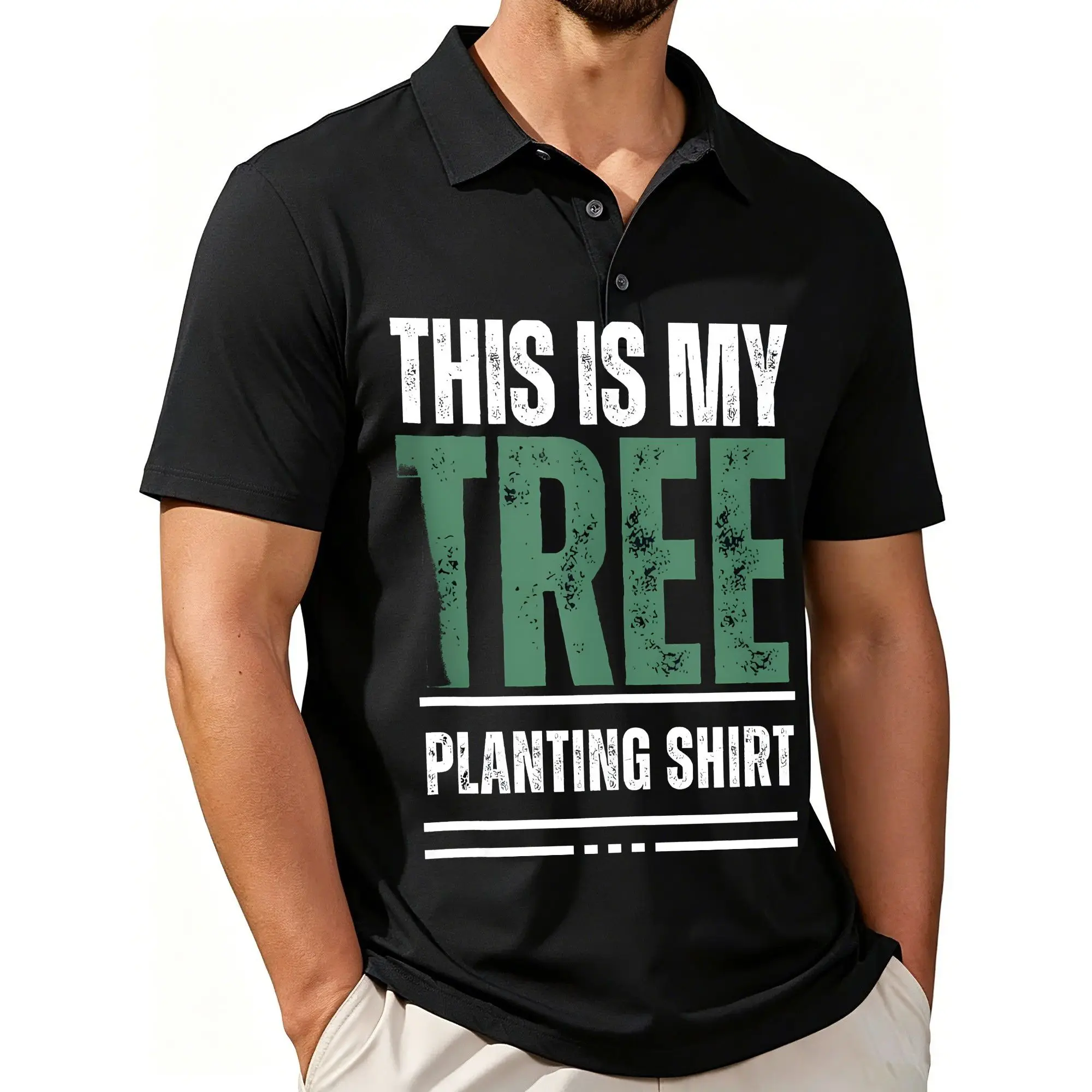 Men's Printed Short-Sleeved Polo Shirt with an Exclusive Tree-Planting Commemorative Theme, Featuring a Stylish and Casual Fit, Breathable Fabric, and Suitable for All Seasons.