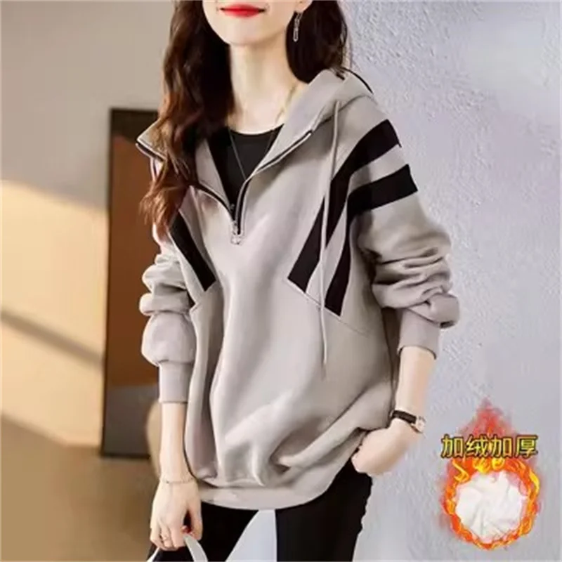 

Women Sweatershirt Pullover Zipper 2023 Autumn and Winter New Korean Fashion Contrast Stitching Casual Hooded Sweatershirt Dress