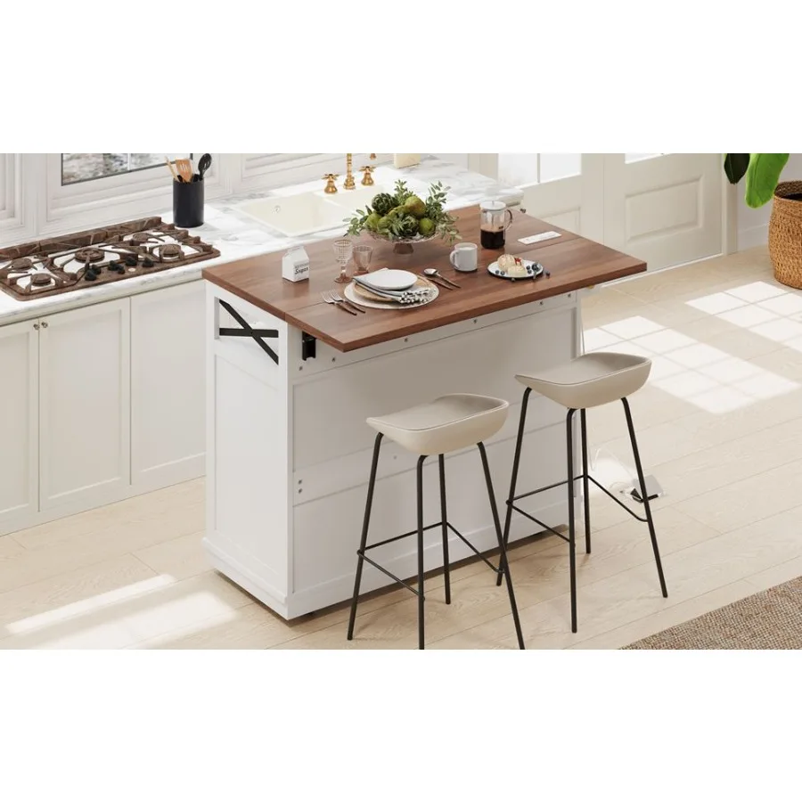 

KK 46.5'' Farmhouse Kitchen Island with Drape of Beads Power Outlet Rolling Kitchen Cart on Wheels with Drop Leaf 3 Doors 3 Dra