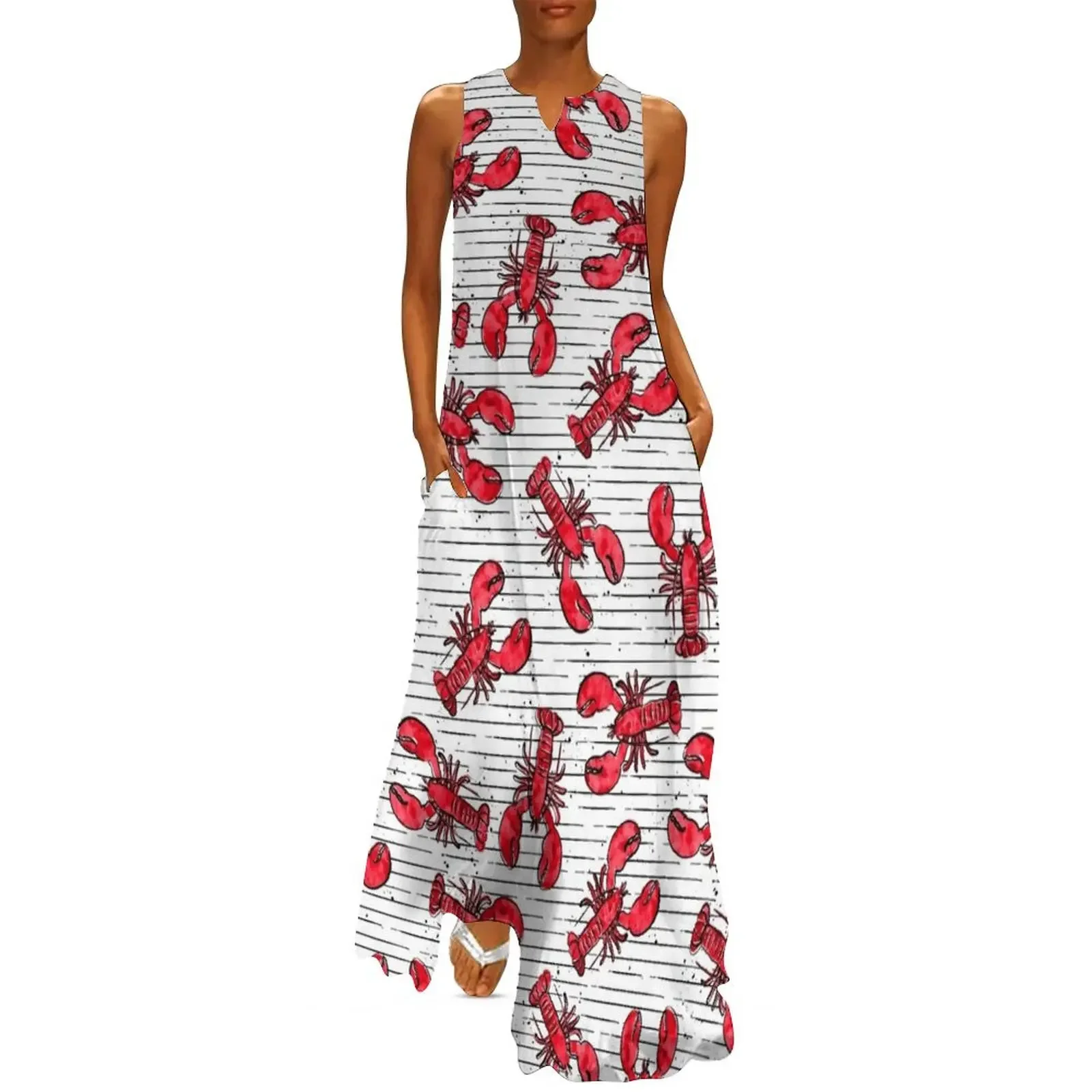 

lobsters - ink and watercolor - red on black stripes Long Dress african dresses for woman Dress for pregnant women Dress