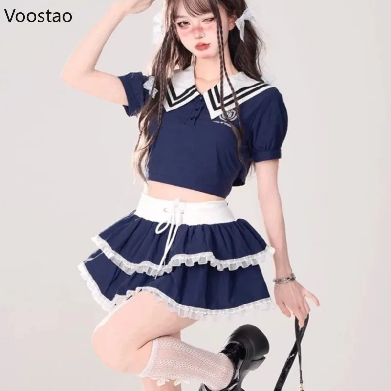 Blue Japanese Preppy 2 Piece Set Women Casual Sweet T-shirt Crop Tops Cake Mini Skirt Suit Female Korean Y2k JK Uniform Outfits