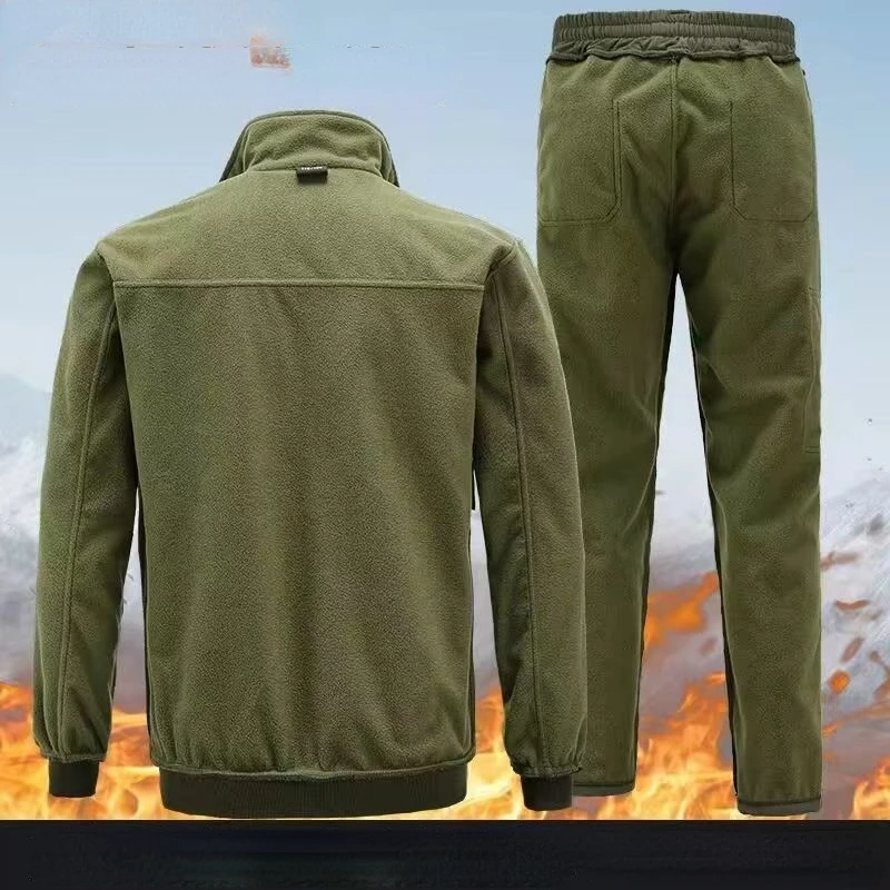 Plush Fleece Warm Waterproof Men's Sets Thick Hooded Autumn Winter Suit Solid Elastic Workwear Windproof Clothing Sweatpants New
