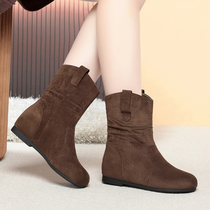 Winter Retro Mid Calf Booties Faux Suede Surface Hidden Heel Flat Boots Fleece Lined Warm Non Slip Versatile Comfort Footwear