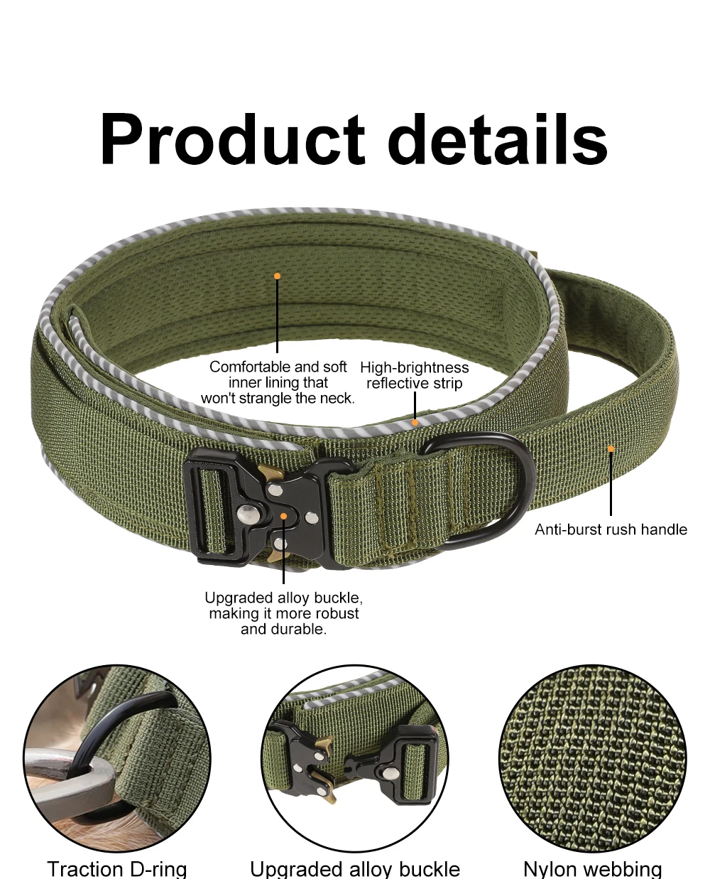 Taktisches Hundehalsband, verstellbares Hundehalsband für mittelgroße und große Hunde, Golden Retriever-Halsband mit Kontrollgriff, hochwertige Schnalle. – Detail 6