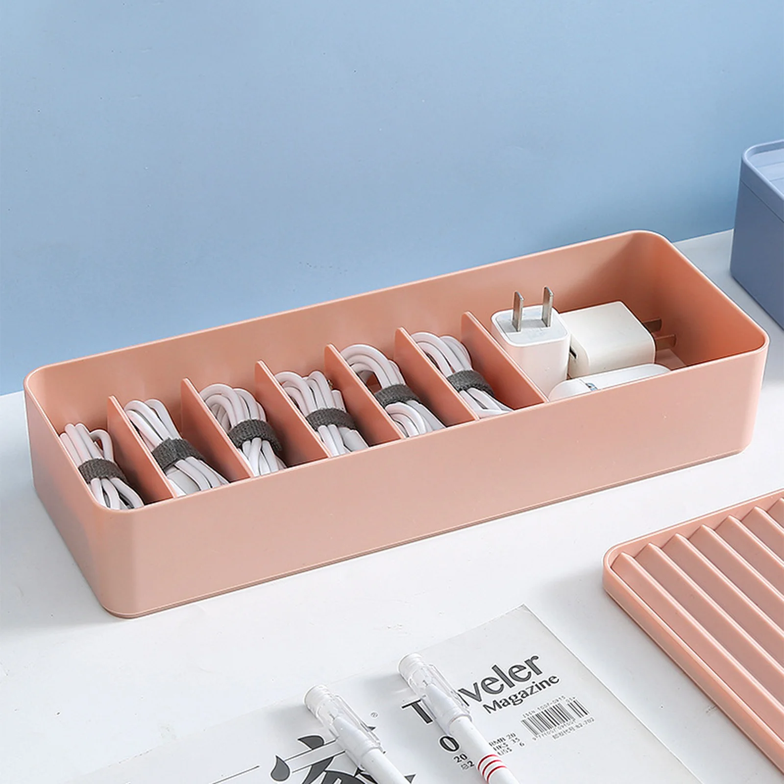 

1Pcs Cable Storage Box Portable Natural Material Multi-Grid Storage Case for Desktop Wireless Cable Organization
