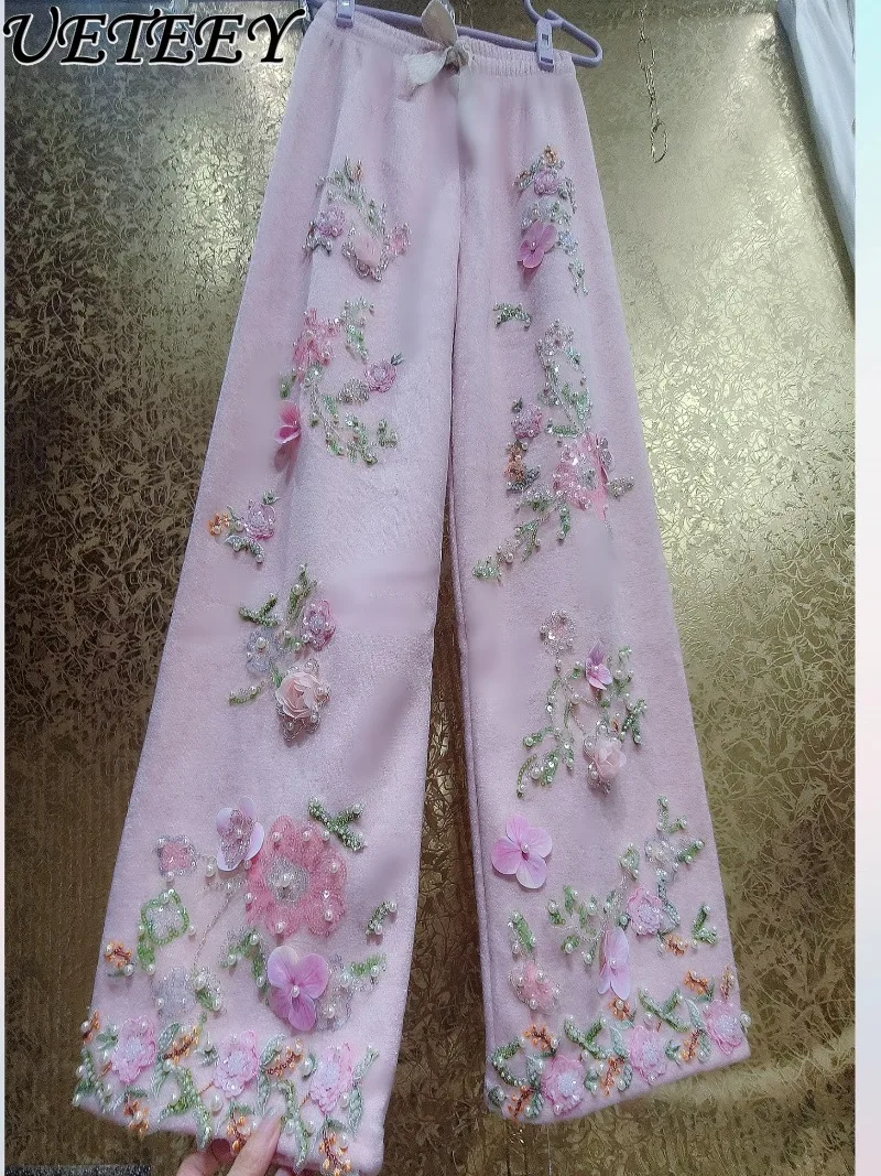 الفاخرة الراقية الخريف الشتاء الثقيلة الترتر ثلاثية الأبعاد زهرة السراويل الجنية الصوف مبطن المرأة عادية عالية الخصر واسعة الساق السراويل #2