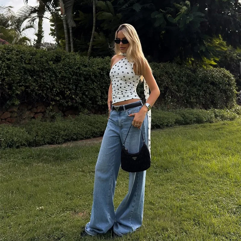 التشفير موضة البولكا نقطة طباعة كتف واحد المحاصيل الأعلى Y2K الشريط اقتصاص القمم الدبابات ضئيلة سترة عطلة بروتيل Coquette #6