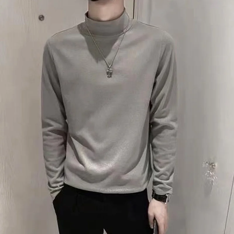 Camisetas ajustadas de manga larga para hombre, ropa cómoda de cuello alto, Color sólido, moda informal, combina con todo, popular, guapo