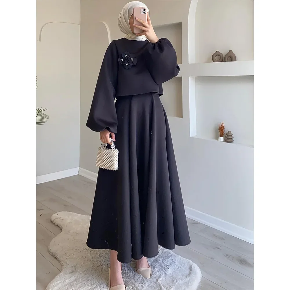 Eid Dubai Fashion Set 2 Piece Women Lantern Sleeve Top Shirt & Skirts Suits Musulman Ensembles Jalabiya Appliques Muslim Sets