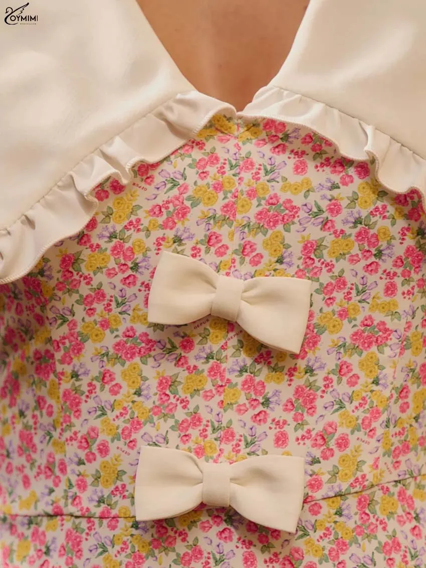 Oymimi Mode Rosa Druck Frauen Kleider Elegante Peter Pan Kragen Kurzarm Bogen Kleider Herbst Neue Plissee Mini Kleid Weibliche