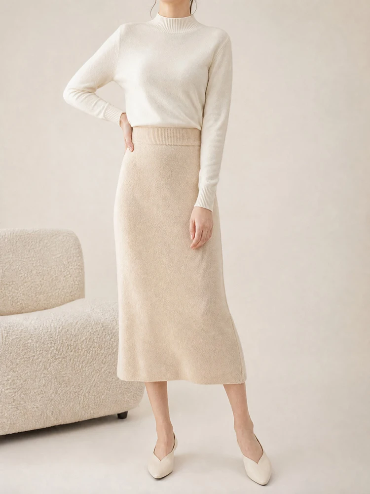 New Women's Half Skirt Solid Elastic Waist Mid Length Knitwear A-line Grace Soft Basic Fashion Version Autumn Winter Clothing