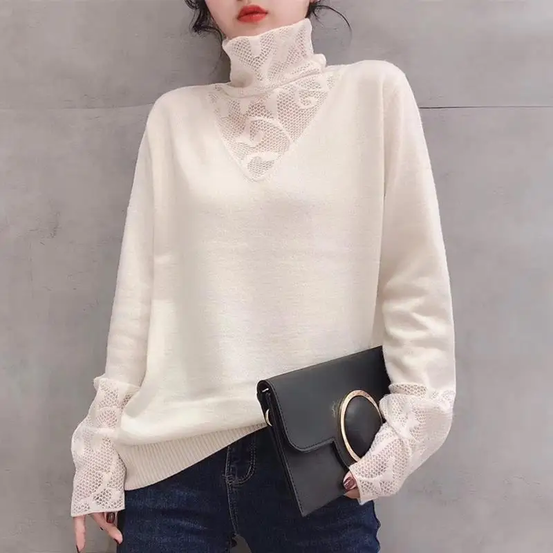 Korean Elegant High Collar Hollow Basic Knitted Sweater for Women Fashion Solid Loose Long Sleeve Pullovers Tops Jumper Clothing