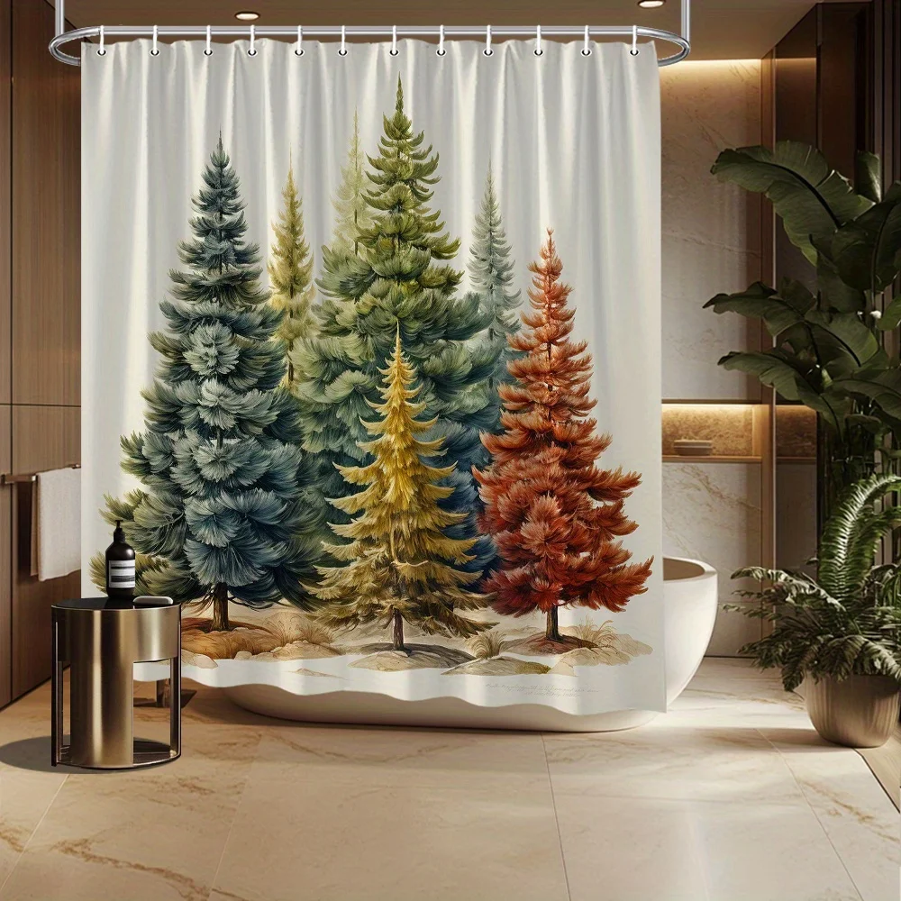 

1 шт., занавеска для душа Evergreen Trees с акварельной росписью - полиэфирная ткань с тематикой природы, 70,8x70,8 дюймов, яркая пять Evergreen