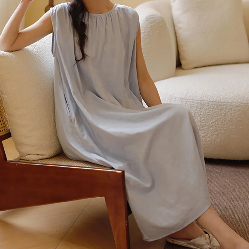 Home Wear Full Cotton Double-layer Gauze Sleeveless Long Skirt Women Spring Fall Casual Wrinkled Cloth Pajamas Homewear Set