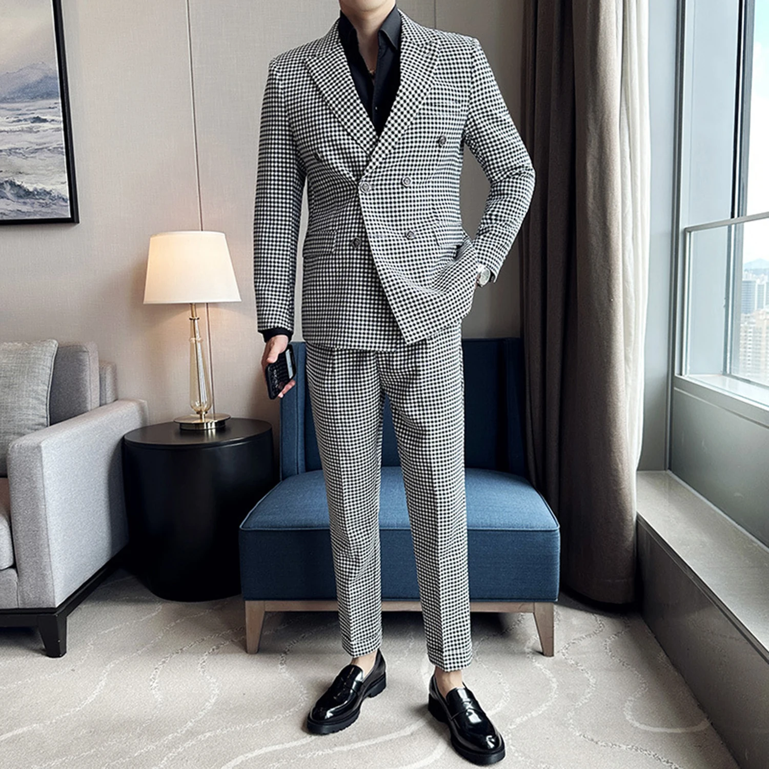 

Houndstooth Double Breasted Fit Suit Mens 2 Piece Set Elegant Blazer Wedding Banquet Suit Business Outfits Customize