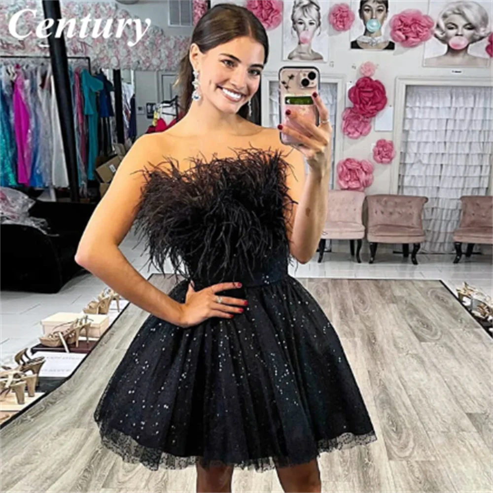 

Sequin Short Party Dress Feather Net Graduation Dresses Tiered Black A Line Celebrity Dresses Custom vestido de fiesta corto