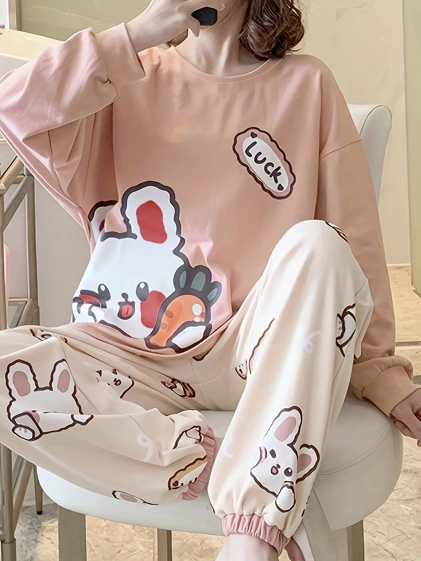 

Новый женский пижамный комплект на весну, осень и зиму — милый кролик, длинный рукав, мультяшный стиль, большие размеры, подходит для студентов и