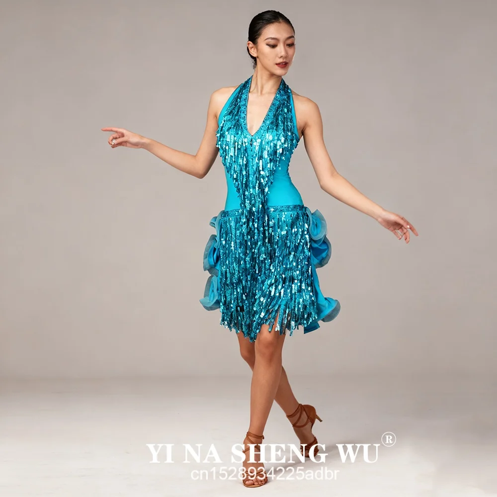 Sukienka do tańca latynoamerykańskiego, zielona, profesjonalny kostium dla kobiet, frędzle, kostium do samby, kolorowe damskie sukienki na zawody tańca towarzyskiego, chwosty.