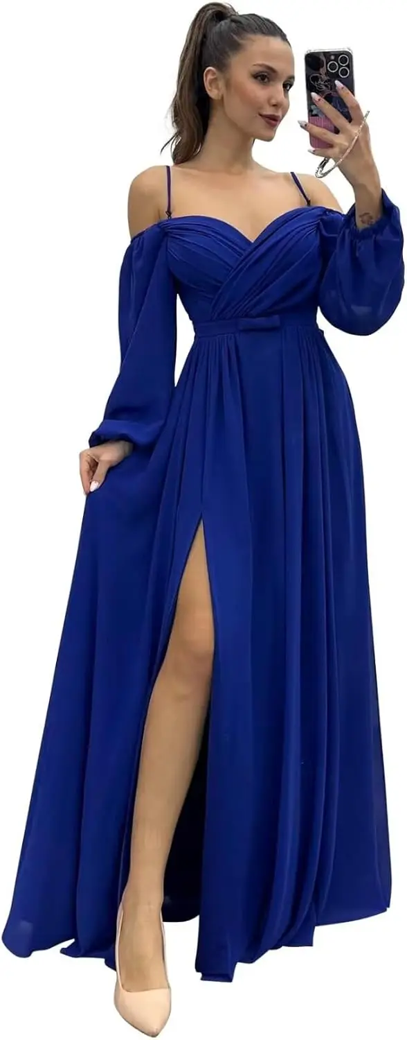 

Женские шифоновые платья подружки невесты с открытыми плечами и длинными рукавами, длинное платье на тонких бретельках с разрезом, вечернее платье, вечерние платья