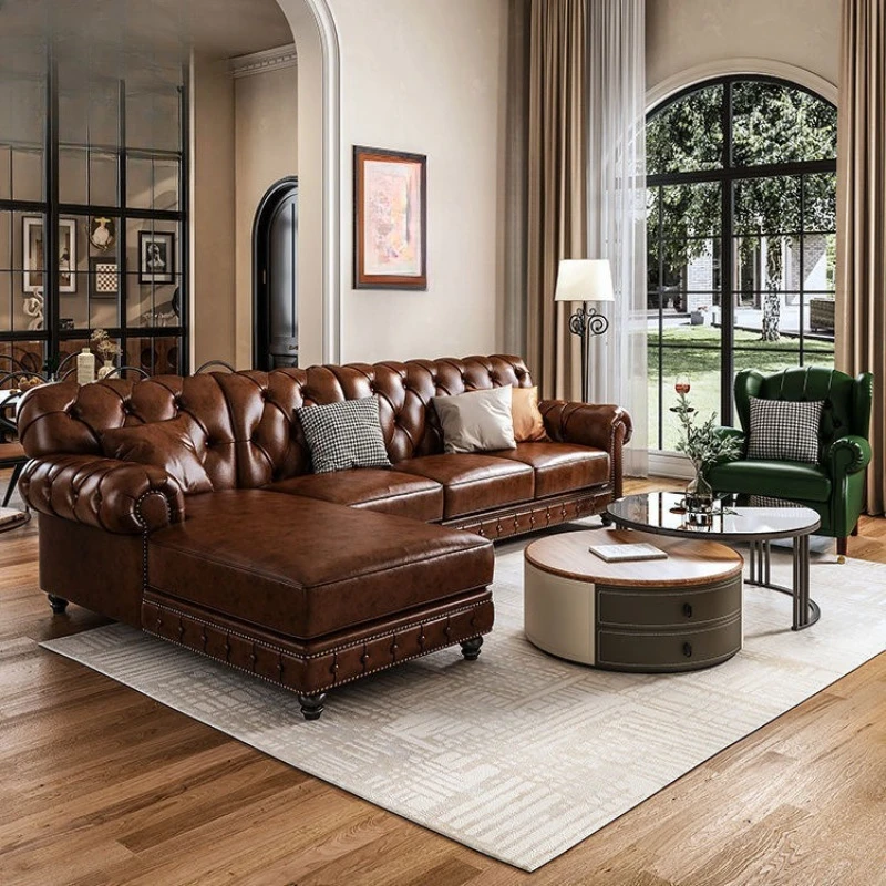 

Leather sofa for three or four people, straight row of medieval brown sofa, living room and villa furniture