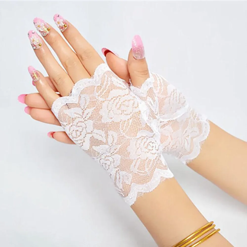 Women Summer Lace Fishnet Fingerless Gloves Short Mesh Half Finger Mittens For Bride Sailor Dance Party