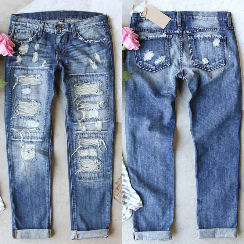 Gradient Washed Ripped Jeans Women Mid Rise Slim Straight Denim Pants Vintage Frayed Raw Edge Hole Y2K Streetwear Trousers