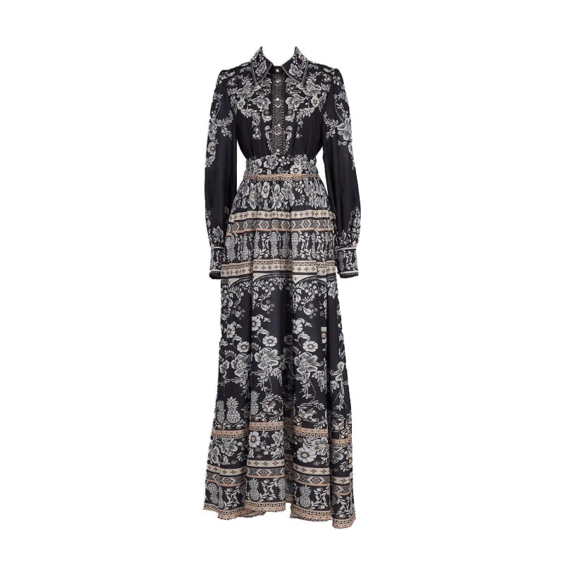 Slim Fit Lungo Sve Bla Floral Dr Set Faion da donna Primavera Estate Autunno Gonna Gored in poliestere Collo alto Maxi Dr