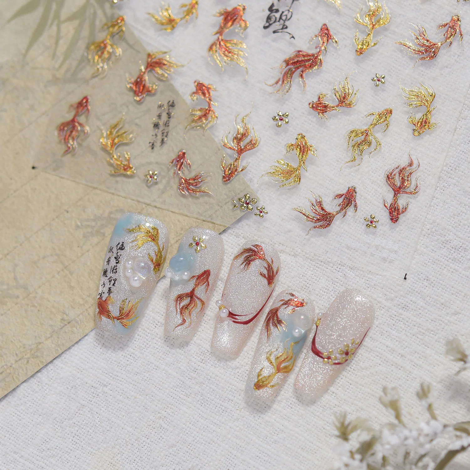 Lucky Koi Fish Nails Stickers 5D Goldfish Red Gold Carp Delicate Shiny Flower Self Adhesive 3D Nail Art Stickers Manicure Decals