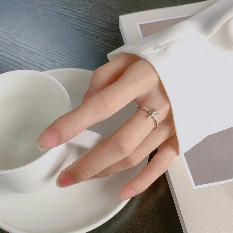 New Fashion Diamond Studded Zircon Airplane 925 Sterling Silver Jewelry Personality Opening Rings  R141