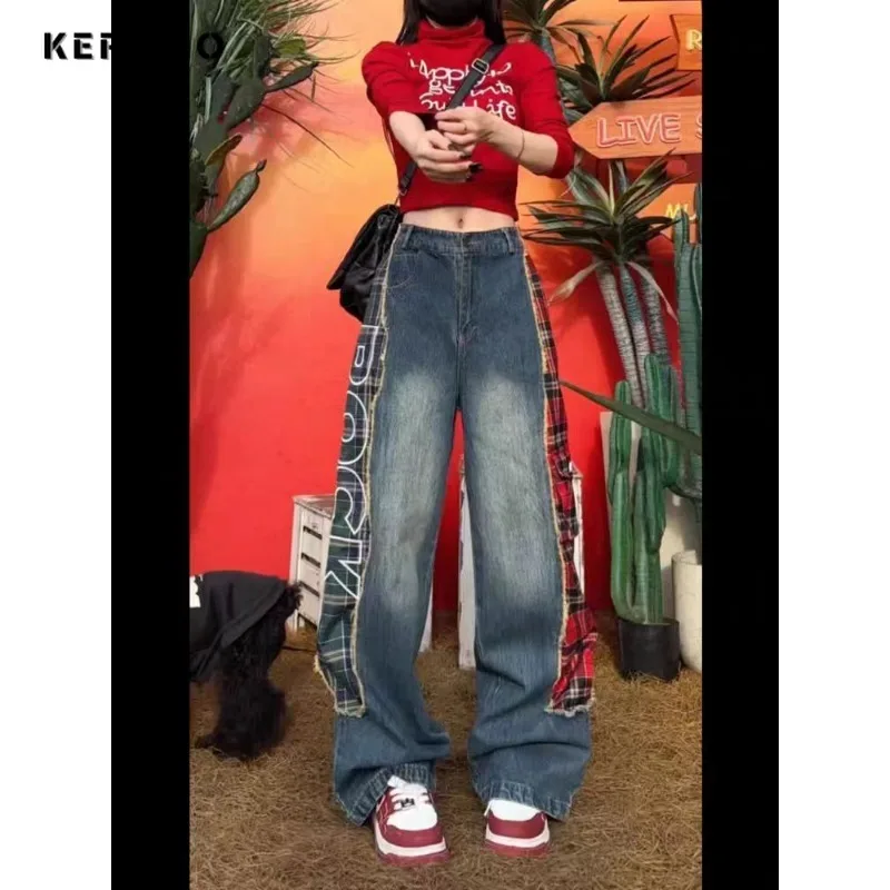 

American Retro E-Girl Full Length Jean Grunge Street Y2K Plaid Patchwork Hip-hop Baggy Pants Women Emo Casual Mop Denim Trouser
