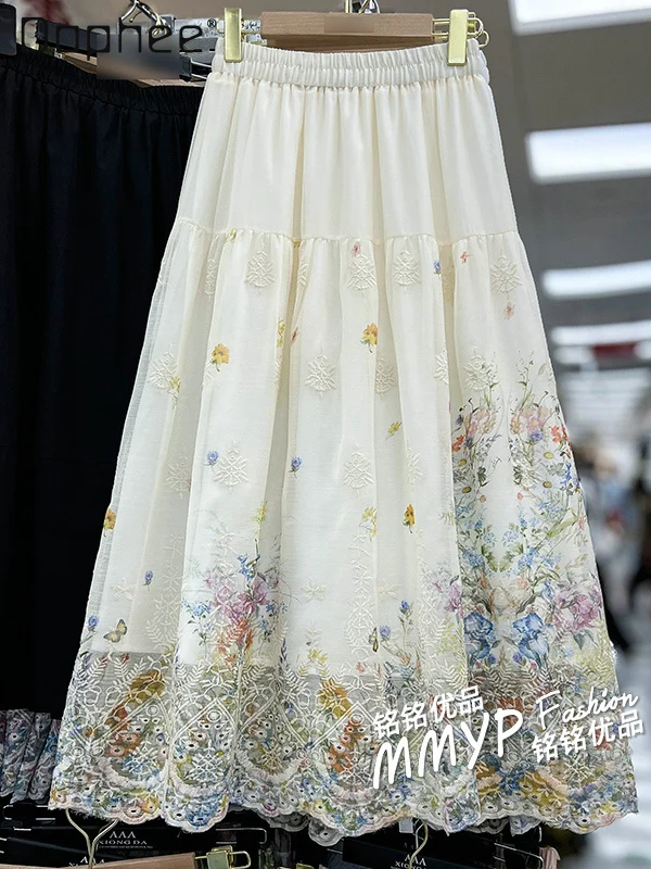 

Elegant Sweet Flower Embroidered Skirt Women 2025 Summer New Fashion High Waist Slim A-line Skirts Commuter Style Long Skirt