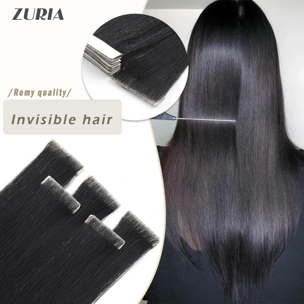 ZURIA 20PCS PU Skin Tape In Human Hair Extensions 100% Pure Natural Straight 16/20/24Inch Adhesive Invisible Wig Bundl For Woman