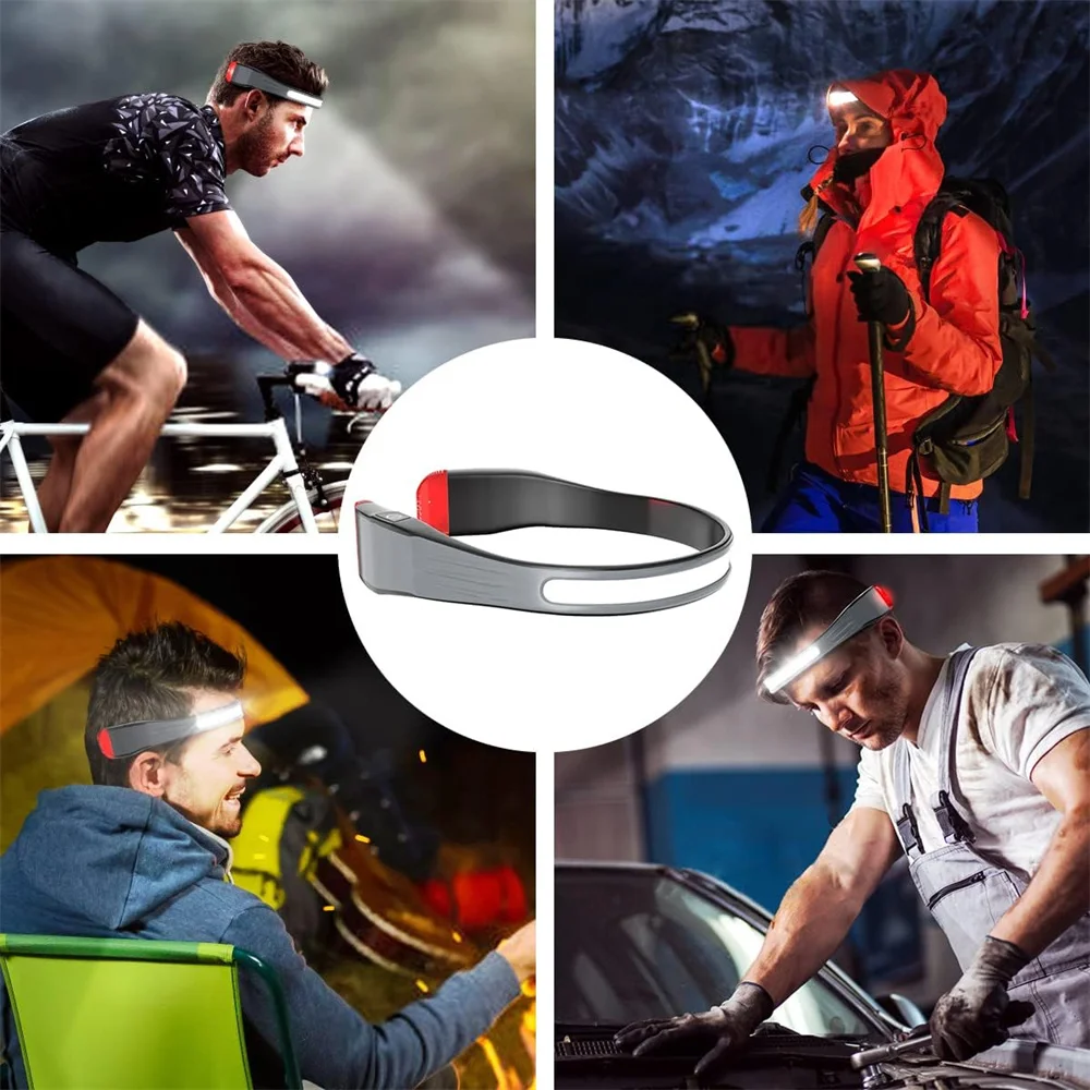 Induction COB Headlight Waterproof LED Headlamp Floodlight USB Rechargeable Head Torch 5 Lighting Modes with Red Tail Light