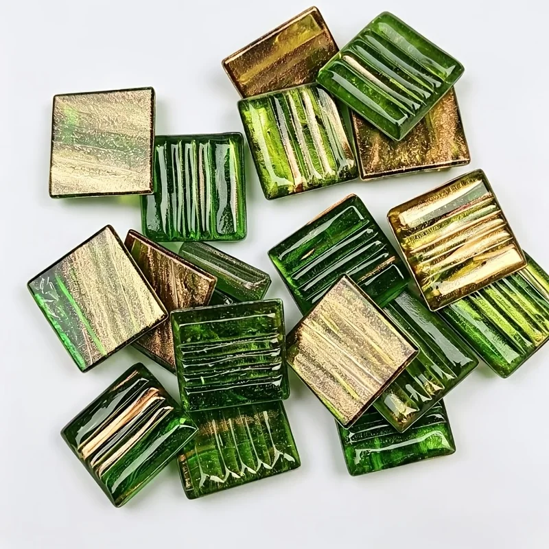 100g/200g green-toned gold-thread mosaic glass squares, DIY handmade materials, square translucent pieces, suitable for home decoration projects, vase/coaster/table lamp/picture frame decorative modification materials, art craft creation, DIY puzzles, wall decoration materials