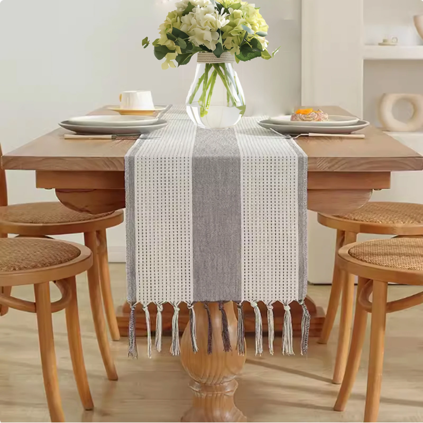 

Light coffee style table flag cotton and linen tablecloth handmade tassel tea table mat home long table decorative fabric