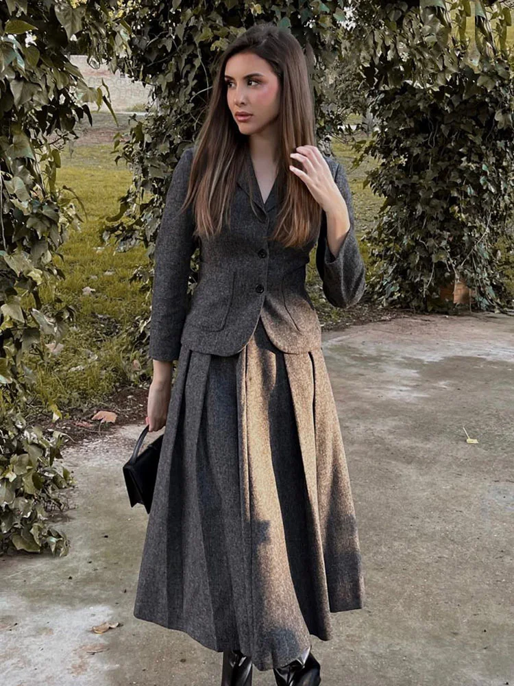 HH 2023 Autumn Suits For Women Fashion Lapel Sheath Single Breasted Blazer + Textured Commute Office Lady Women's Skirt
