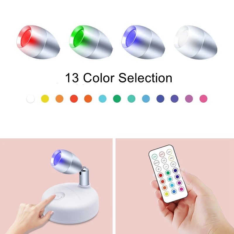 2Pc 13-Color LED Wireless RGB Remote Control Cabinet Spotlight Cross-border Angle Adjustable Atmosphere Press Pat Night Light