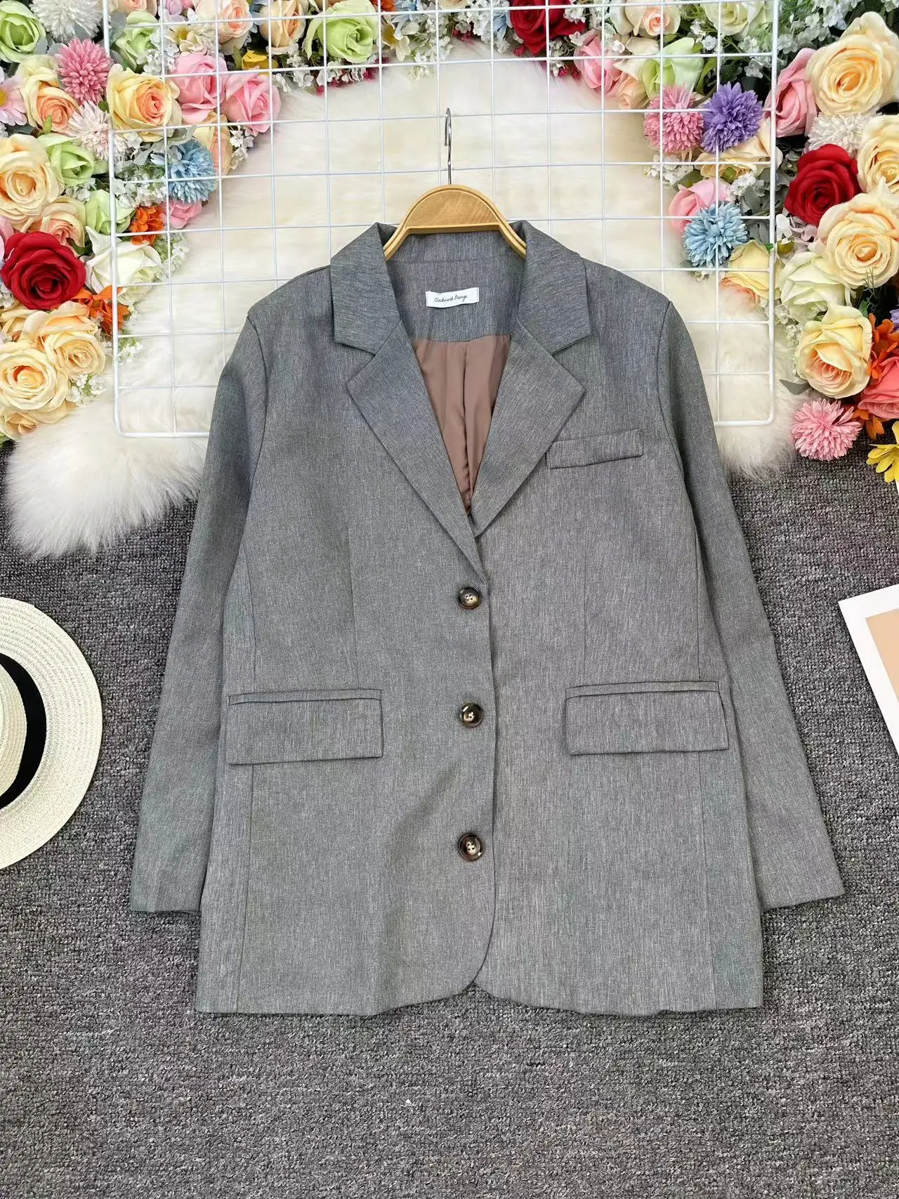 

Fall Long Sleeve Women's Suit Jacket Loose Fit Single Button Double Pocket High Collar Versatile Pure Color Neck Style