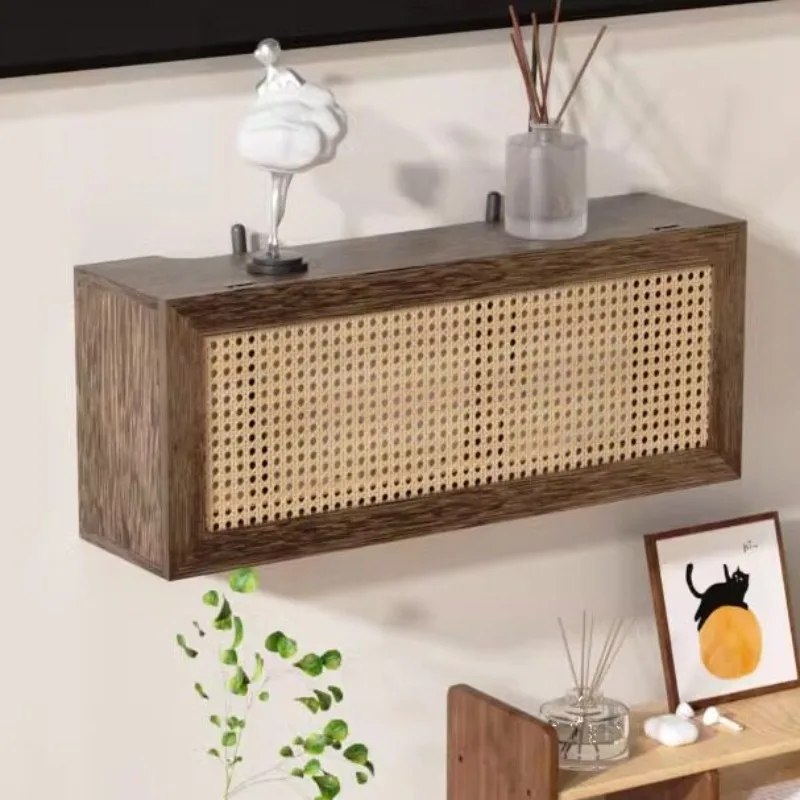 Solid Wood Rattan Wall‑Mount WiFi Router Storage Box Hide Socket Cable Box Set‑Top Box Organizer Wall Hanging Home Decor Shelf