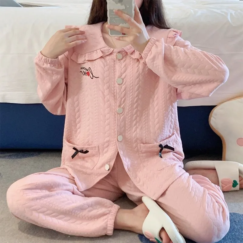 

2023 New Thickened Cotton Pajamas Women Pure Cotton Loungewear Autumn Winter Sweet Sleepwear Air Layer Falbala Homewear Set