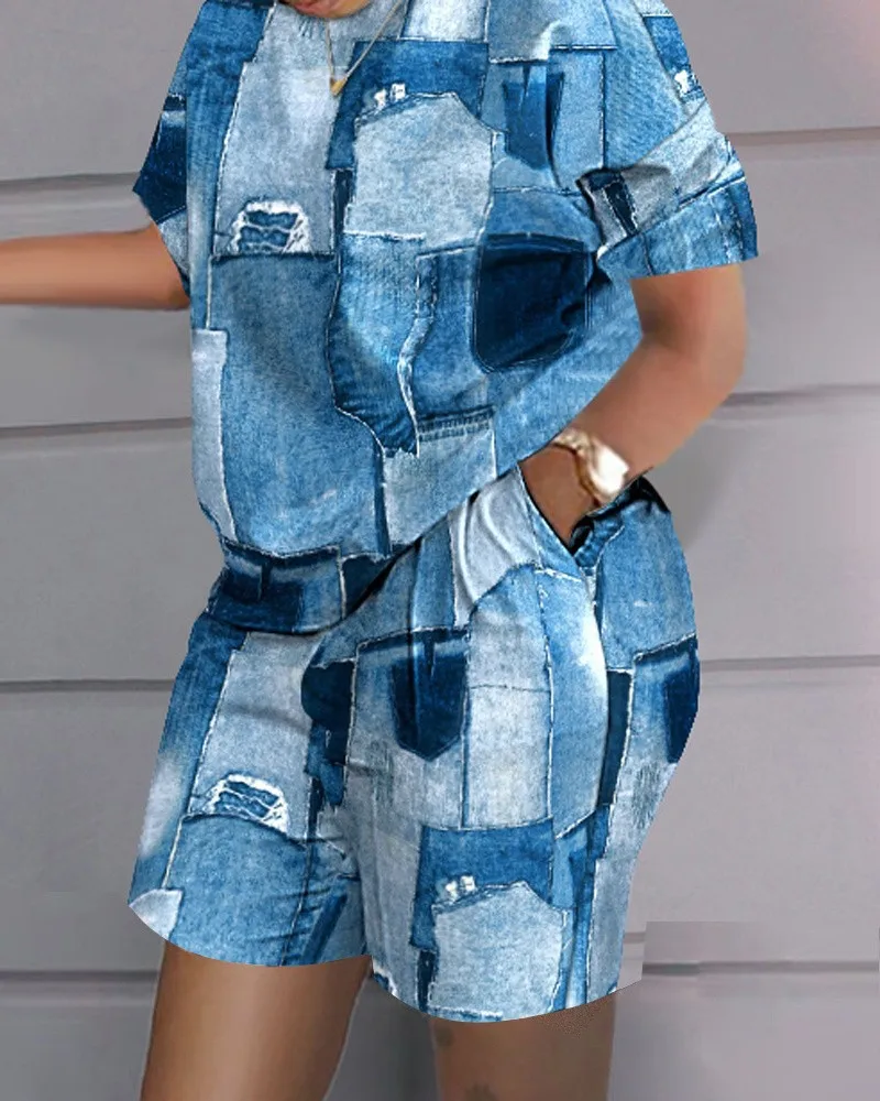Women\'s T-shirt+Hot Pants Two Piece Set 2024 Summer Fashion Casual Printing Quick Drying Sports Fitness Top Shorts Female Suit