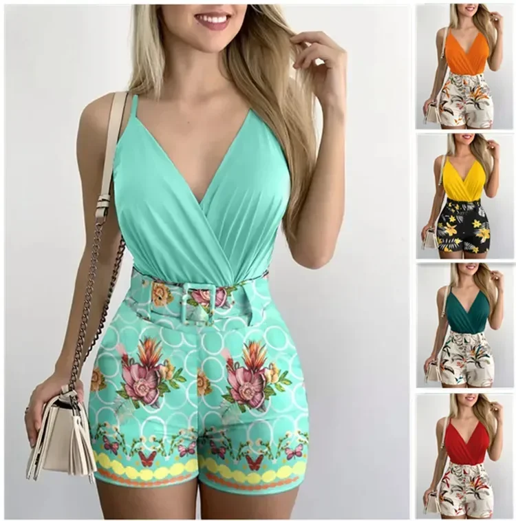 

V-Neck Cami Tops & Plants Print Shorts Set with Belt Summer Women Два комплекта.Fashion