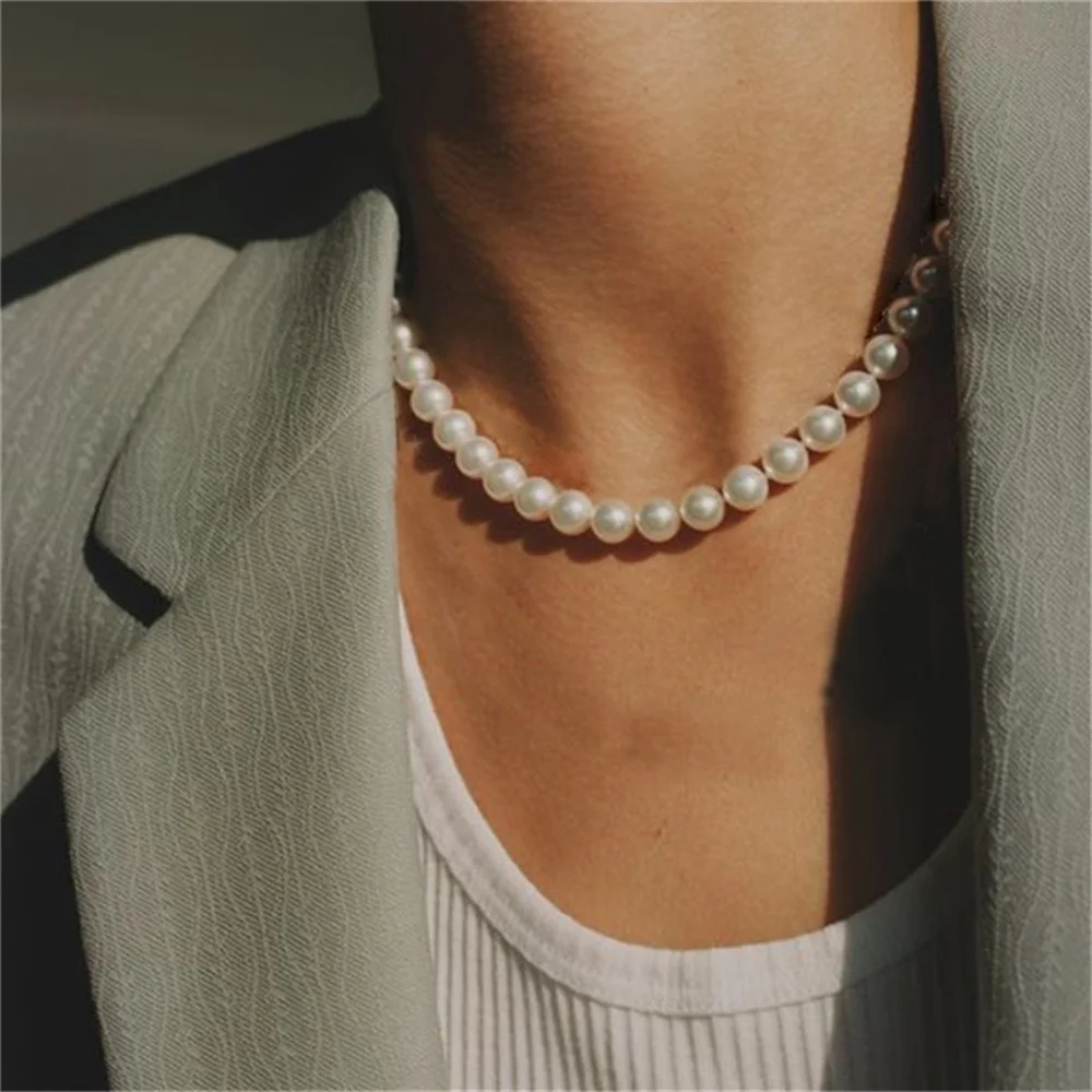 French Vintage Imitation Pearl Chain Necklace For Women Simple Acrylic Beads Choker Fashion Jewelry Elegant Accessories