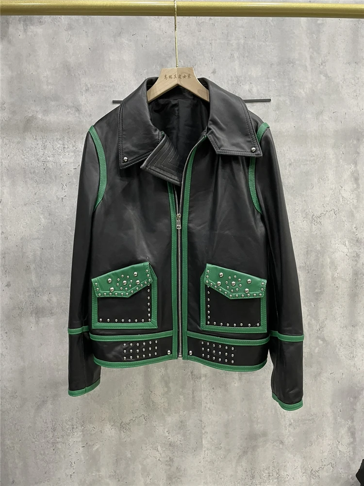 Jaket Kulit Asli Mantel Kulit Domba Asli Rivet Cocok Warna Wanita Mode Jaket Biker Moto Turndown Pakaian Luar Wanita Y3063